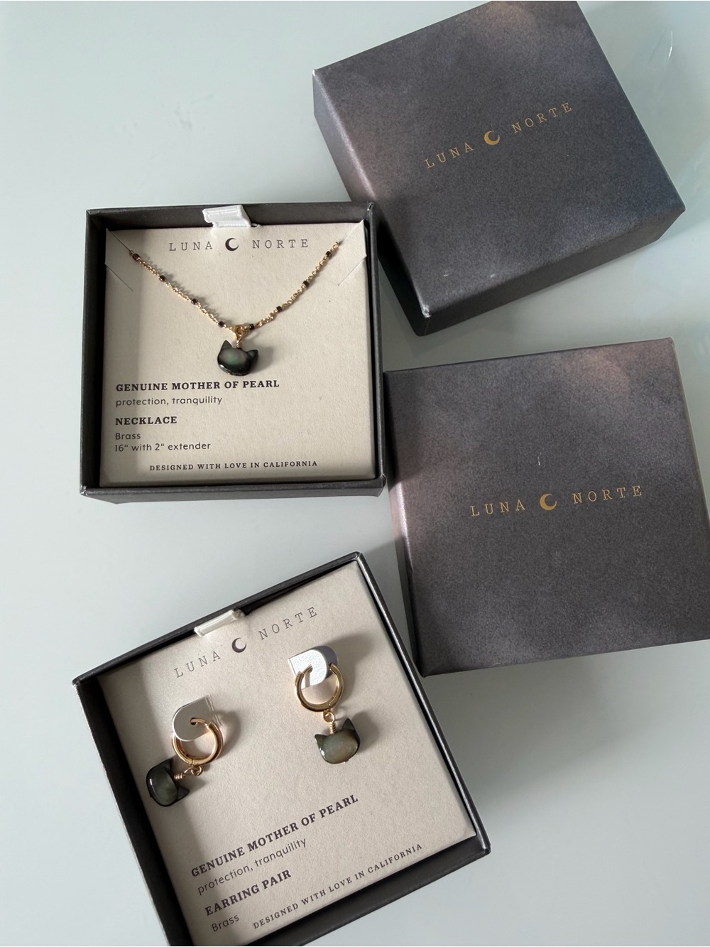 Luna Norte cat mother of pearl Gold Necklace & Earring Set